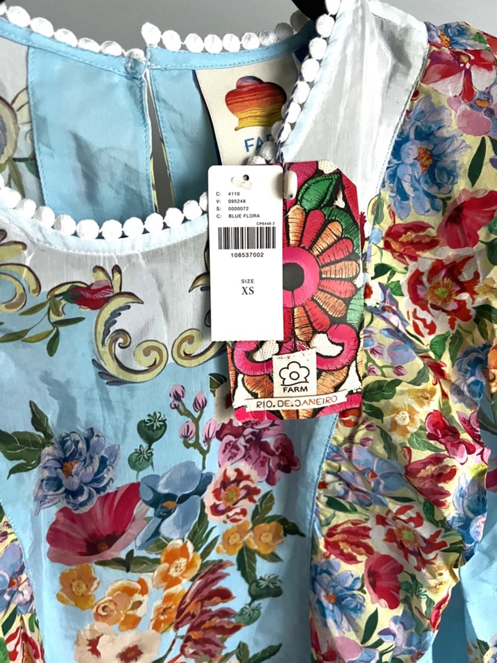 FARM Rio x Anthropologie Blue Floral Printed Lace Trimmed Blouse Size XS NWT - Picture 5 of 7